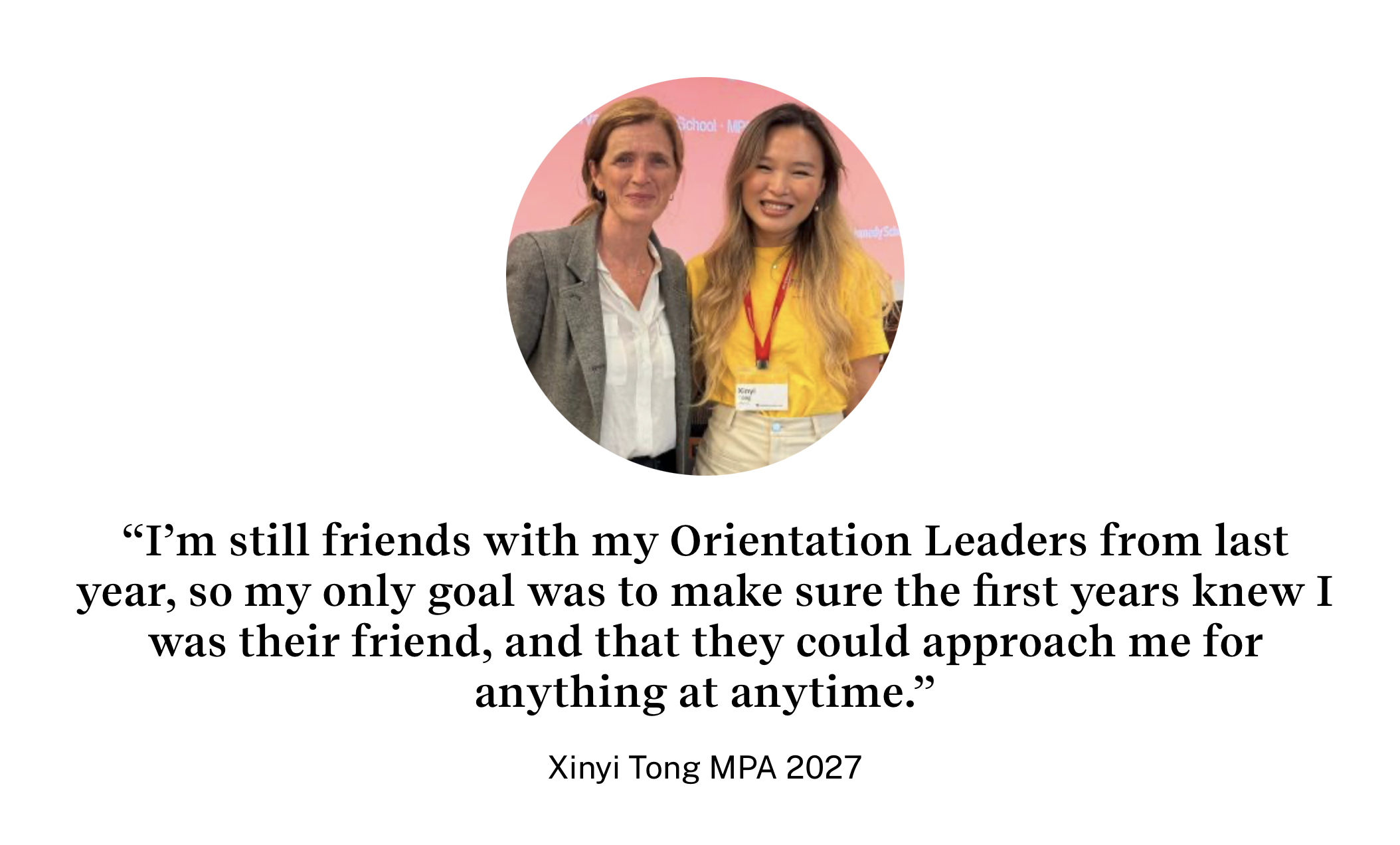 Xinyi Tong with Dean Samantha Power, featured in the HKS Admissions Blog