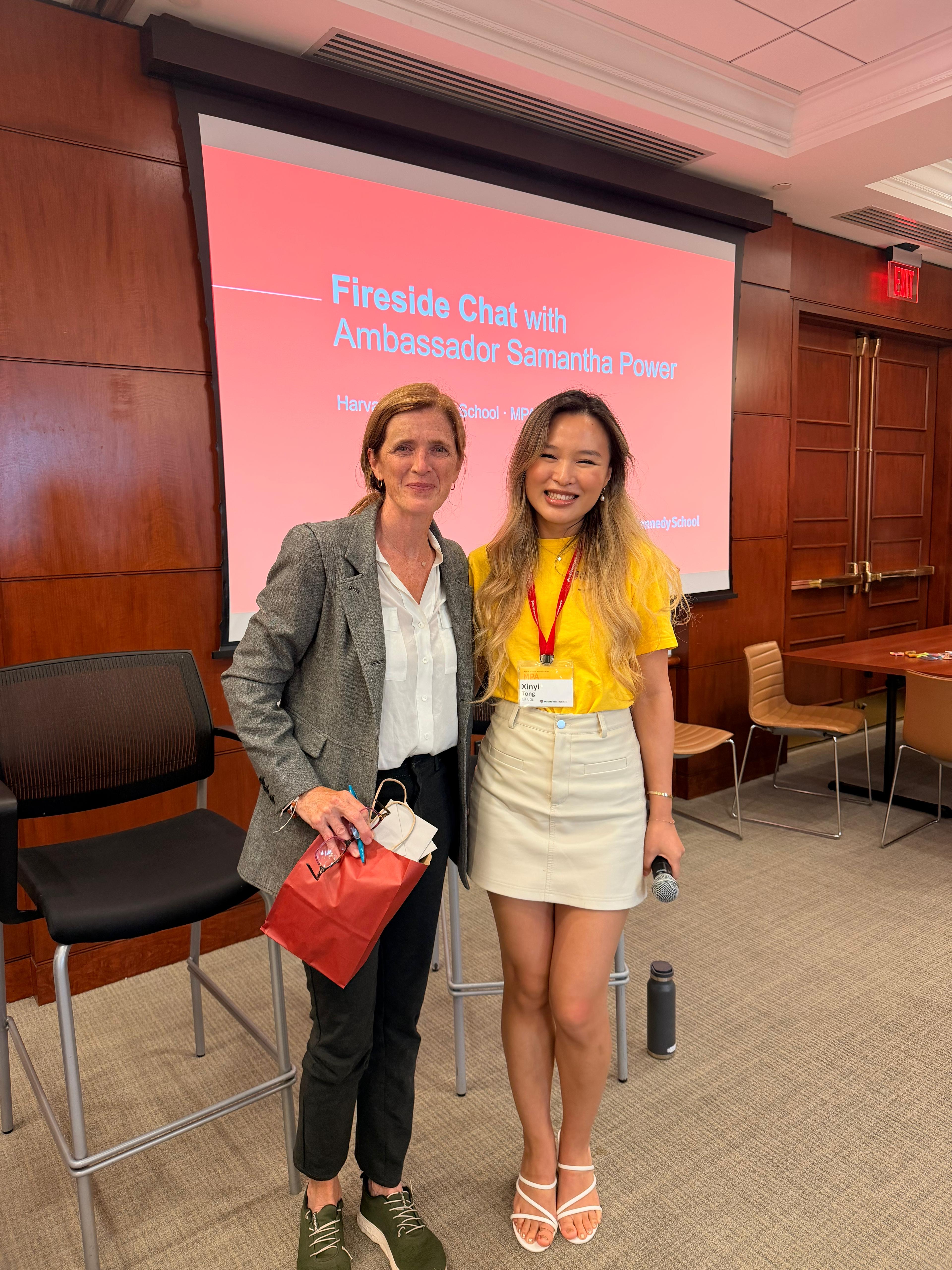 Xinyi with Ambassador Samantha Power at the HKS fireside chat